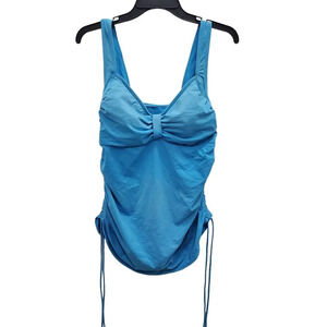 Lands' End Woman's Solid Blue Cinch‎ Side Plunge Neck Swim Tankini Plus Size 14